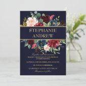 水彩画ブルガンディレッドネイビーフローラボー素朴ホ 招待状 (スタンド正面)