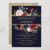 水彩画ブルガンディレッドネイビーフローラボー素朴ホ 招待状 (正面/裏面)