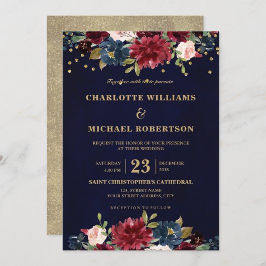 水彩画ブルガンディレッドネイビーフローラボー素朴ホ 招待状 (正面/裏面)