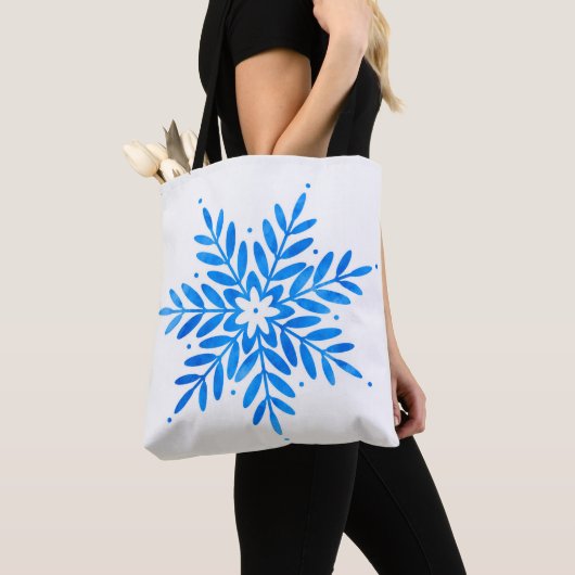  水彩画ブルーの雪の結晶パターン トートバッグ (クローズアップ)