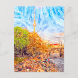 水彩画ベルリン。夕べムードの紋美城公園 ポストカード