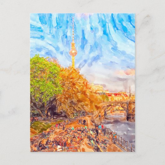 水彩画ベルリン。夕べムードの紋美城公園 ポストカード (正面)