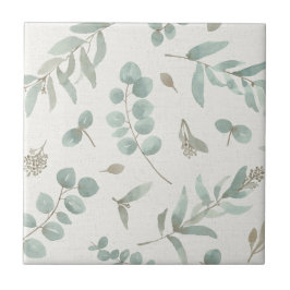 水彩画ベージュ色背景のユーカリの葉 タイル