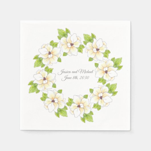 水彩画ペン&インクマグノリアリース スタンダードカクテルナプキン (正面)