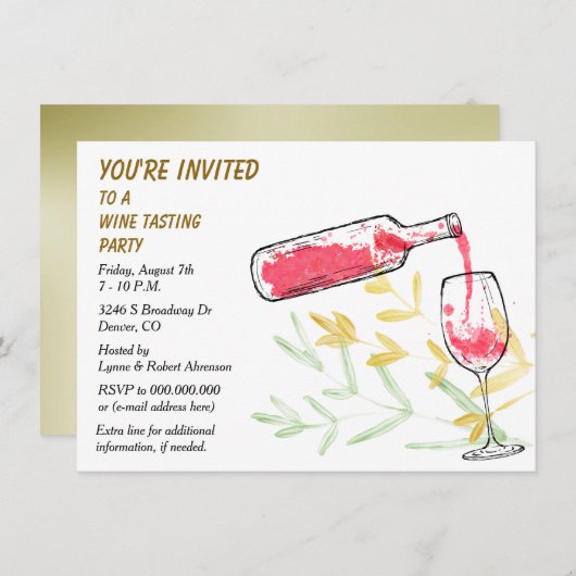 水彩画ボトルおよびガラスのワインの試飲のパーティー 招待状 (正面/裏面)