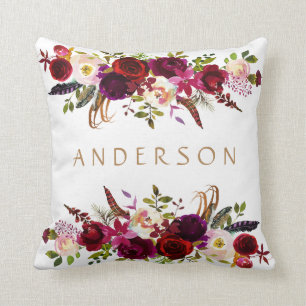 水彩画ボヘミアンフローラブルガンディマルサラホワイト クッション