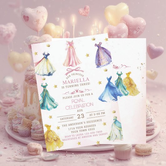 水彩画モダンプリンセスドレスロイヤルガール誕 招待状