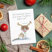 水彩画ラブラドゥードルのクリスマスツリーのイルミネーションと鹿の角 シーズンカード