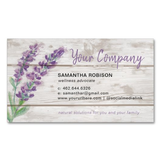水彩画ラベンダーおよび木精油 マグネット名刺 (正面)