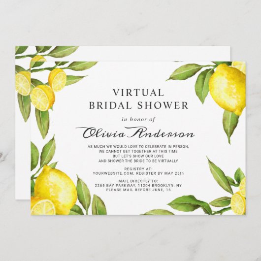 水彩画レモンのバーチャルブライダルシャワーバイメール 招待状 (正面/裏面)