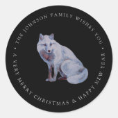 水彩画北極狐 メリークリスマス 家族名 ラウンドシール (正面)