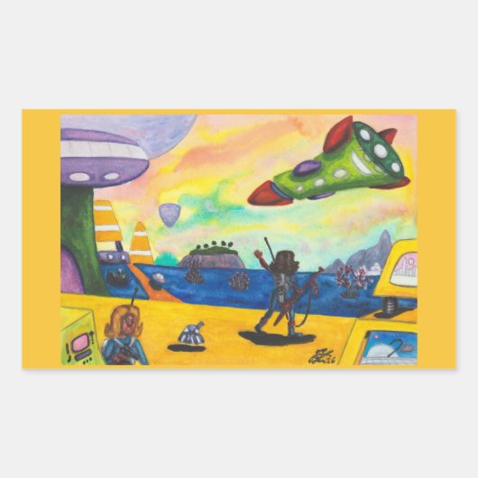 水彩画宇宙船惑星宇宙港銃 長方形シール (正面)