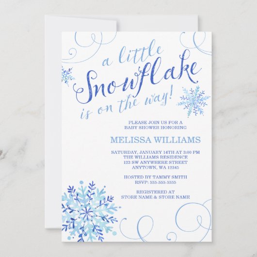 水彩画少し雪片の男の子の冬のベビーシャワー 招待状 (正面)