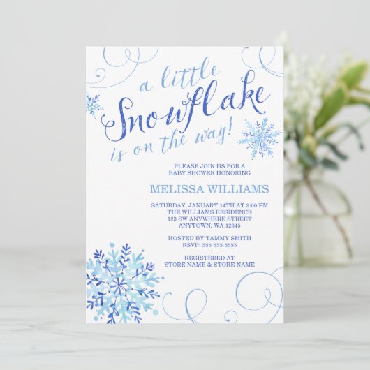 水彩画少し雪片の男の子の冬のベビーシャワー 招待状 (スタンド正面)