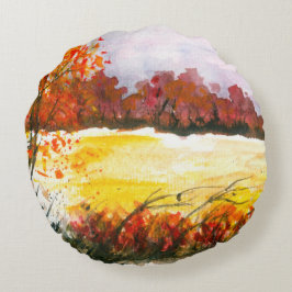 水彩画抽象芸術景観美術秋の木 ラウンドクッション