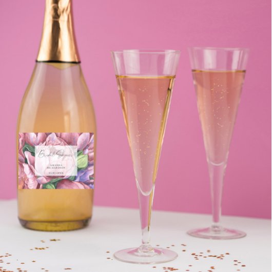 水彩画模様の花 - ブライダルシャワー スパークリングワインラベル