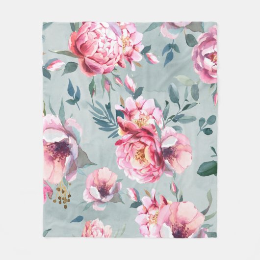 水彩画無紋牡丹青梅図 フリースブランケット (正面)