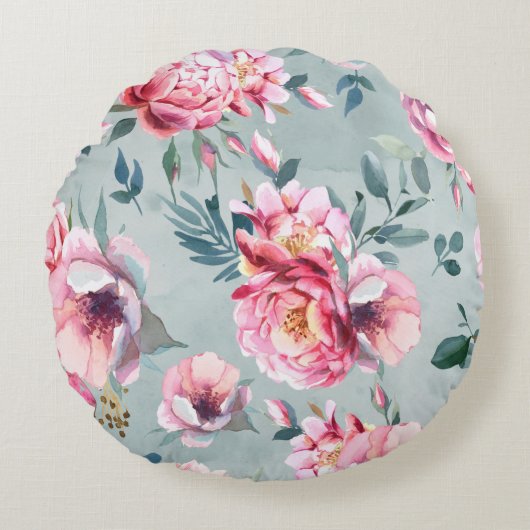 水彩画無紋牡丹青梅図 ラウンドクッション (正面)