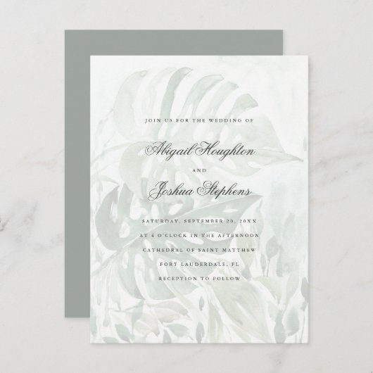 水彩画熱帯Monsteraは夏の結婚式を去ります インビテーションポストカード (正面/裏面)