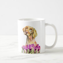 水彩画犬| Vizslaの花柄の庭