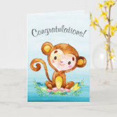 水彩画猿の男の子のお祝い カード (黄色い花)
