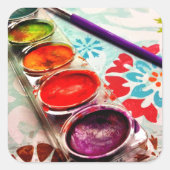 水彩画絵を描家トレーとブラシ スクエアシール (正面)