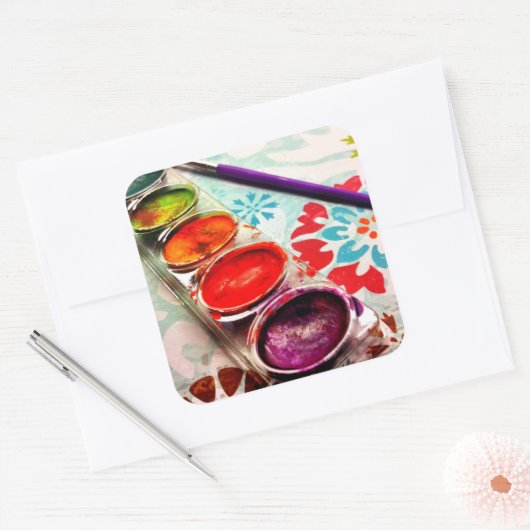 水彩画絵を描家トレーとブラシ スクエアシール (封筒)