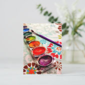 水彩画絵を描家トレーとブラシ ポストカード (スタンド正面)