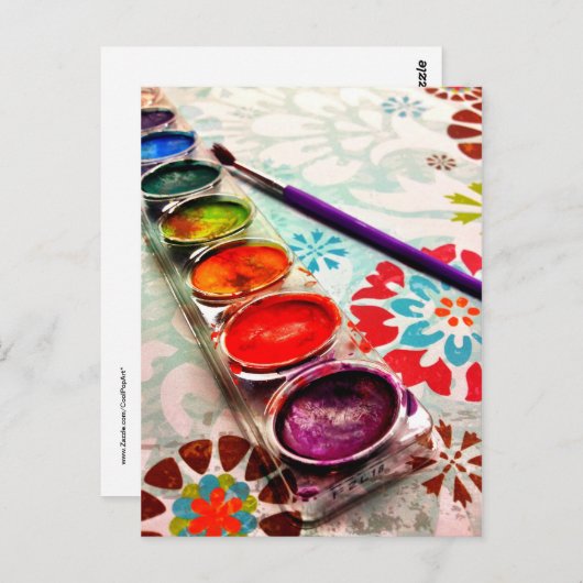 水彩画絵を描家トレーとブラシ ポストカード (正面/裏面)