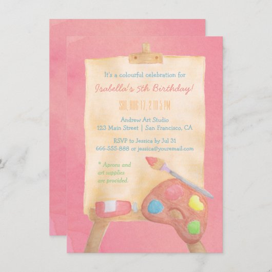 水彩画絵を描術子供の誕生日パーティー 招待状 (正面/裏面)