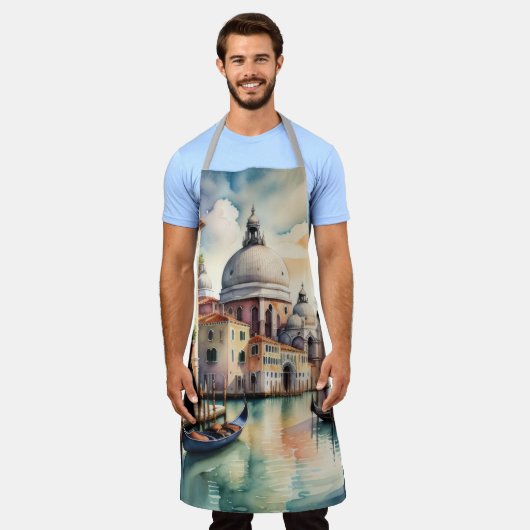 水彩画絵画色のヴェネツィアシティシーンゴンドラ エプロン (着用した状態)