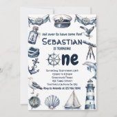 水彩画航海の色男の子1歳の誕生日 招待状 (正面)