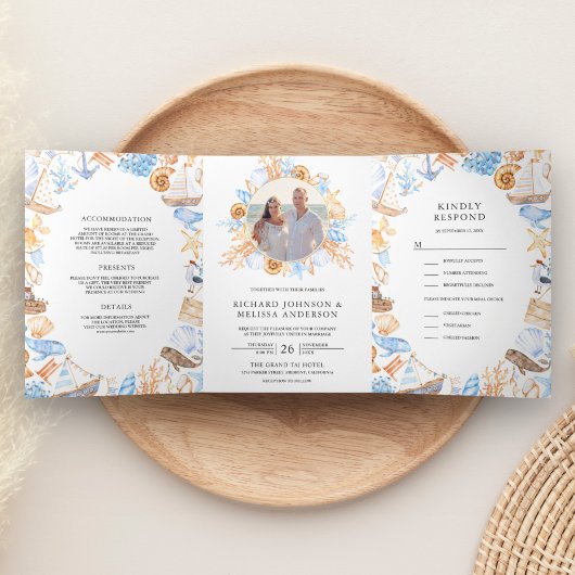 水彩画航海の面写真コラージュ結婚ズ 三つ折り招待状