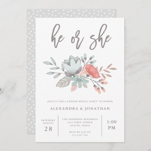 水彩画花の植物の|の性はパーティーを明らかにします 招待状 (正面/裏面)