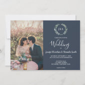 水彩画葉像ネイビーブルー結婚ズ 招待状 (正面)