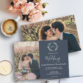 水彩画葉像ネイビーブルー結婚ズ 招待状