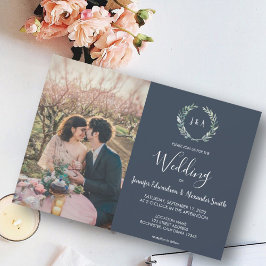 水彩画葉像ネイビーブルー結婚ズ 招待状