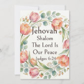 水彩画調の可愛いチューリップとユーカリのイラスト Jehovah Shalom 招待状 (正面)