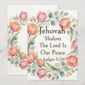 水彩画調の可愛いチューリップとユーカリのイラスト Jehovah Shalom 招待状 (正面/裏面)