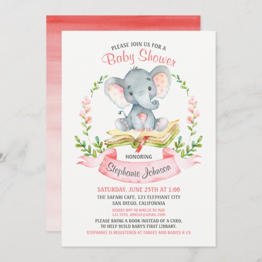 水彩画象の女の子のベビーシャワーの本 招待状 (正面/裏面)