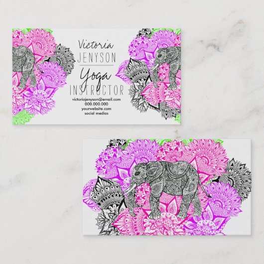 水彩画象の花の曼荼羅のヨガのインストラクター 名刺 (正面/裏面)
