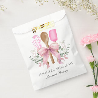水彩画風のお菓子屋さん用具 ピンクのリボン 個別名入れ フェイバーバッグ