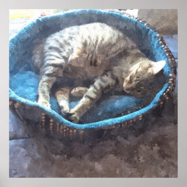 水彩画風のトラ猫の眠り キティの昼寝 ポスター