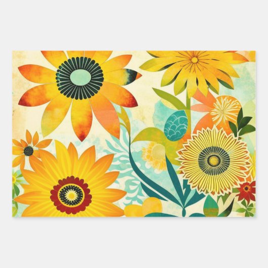 水彩画風のフォークアート フラワー 誕生日 ラッピングペーパーシート (正面)