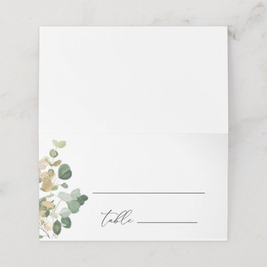 水彩画風のユーカリとゴールドの結婚式用席札 プレイスカード (外部開封)