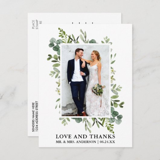 水彩画風のユーカリグリーン ウェディング サンクス ポストカード (正面/裏面)