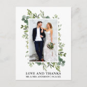 水彩画風のユーカリグリーン ウェディング サンクス ポストカード (正面)