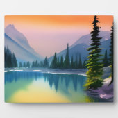 水彩画風の山と湖の景色のリフレクション フォトプラーク (正面)