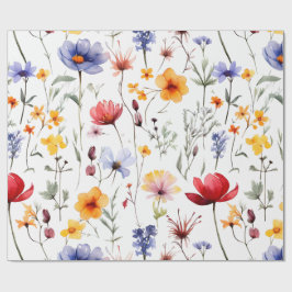 水彩画風の淡い色合いで描かれた明るい野の花の草原 ラッピングペーパー