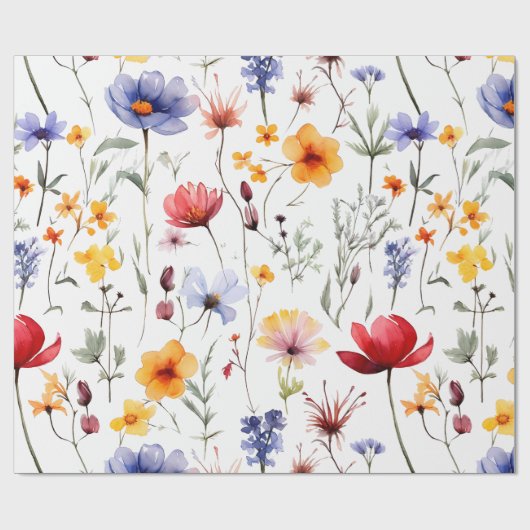 水彩画風の淡い色合いで描かれた明るい野の花の草原 ラッピングペーパー (フラット)